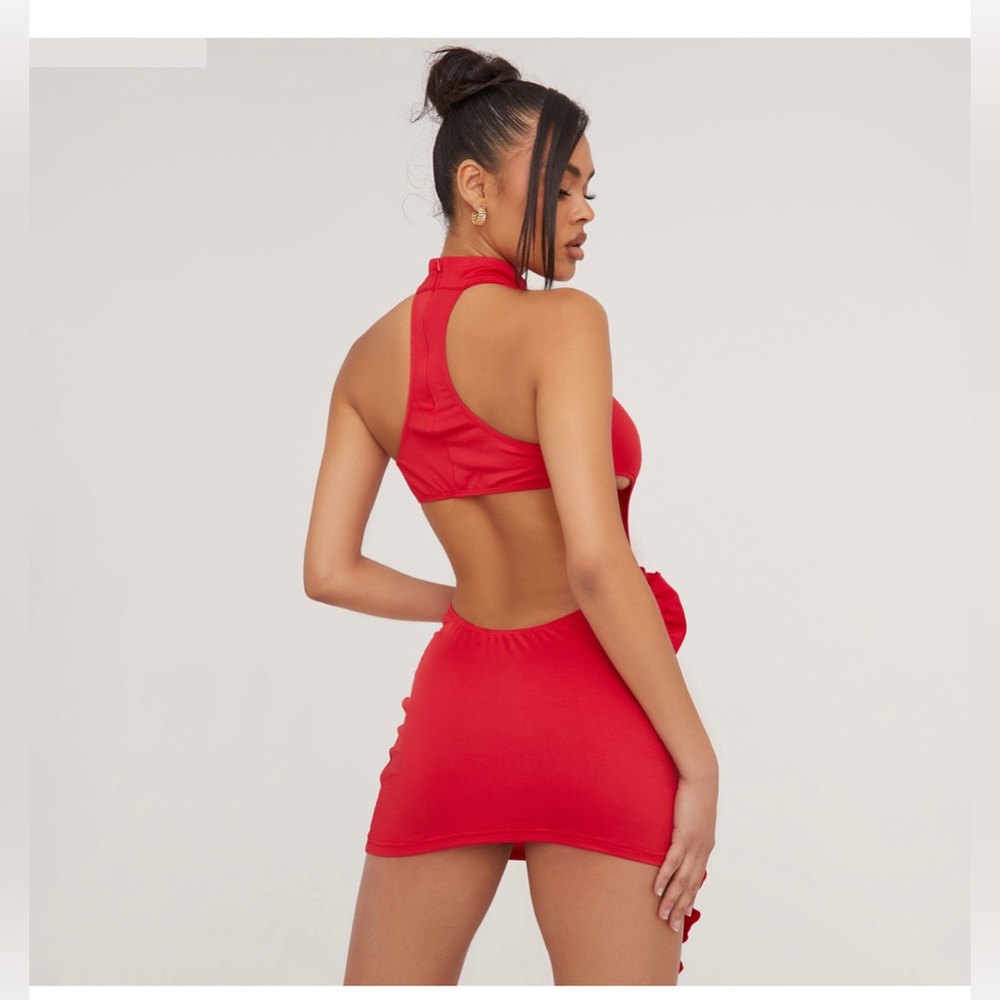 HIGH NECK KEYHOLE ROSE FRILL DETAIL MINI BODYCON DRESS IN RED - Picture 4 of 4